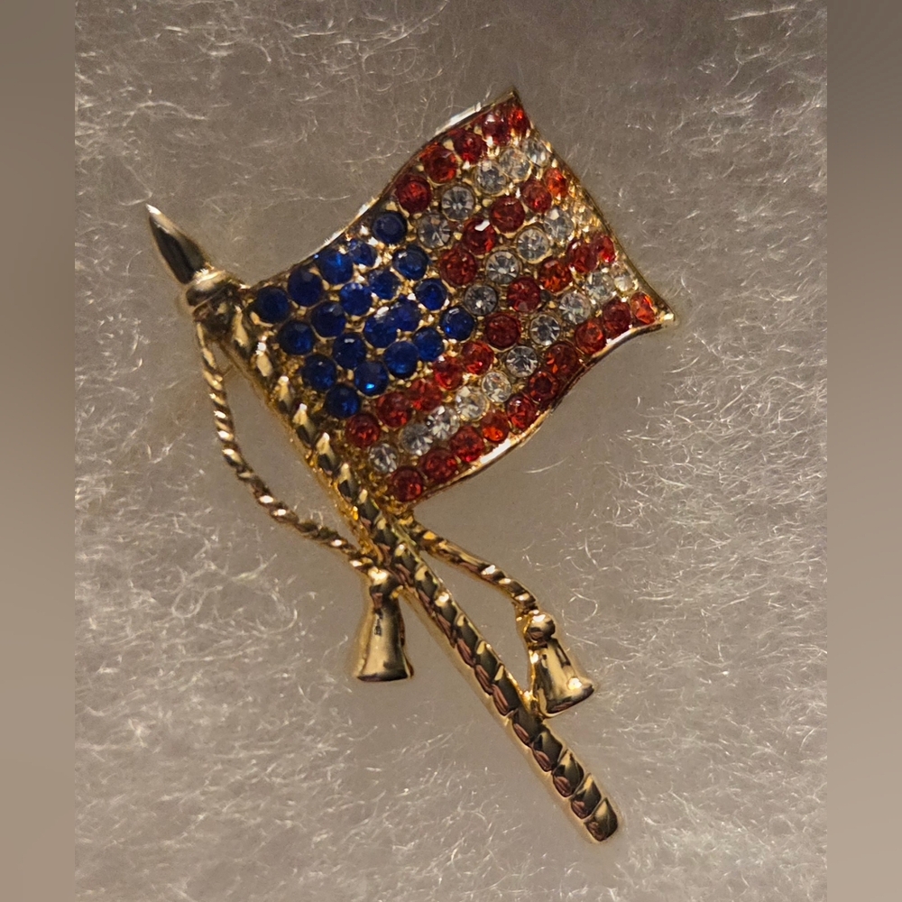 Gold-Tone American Flag Rhinestone Pin Brooch - Red, White & Blue